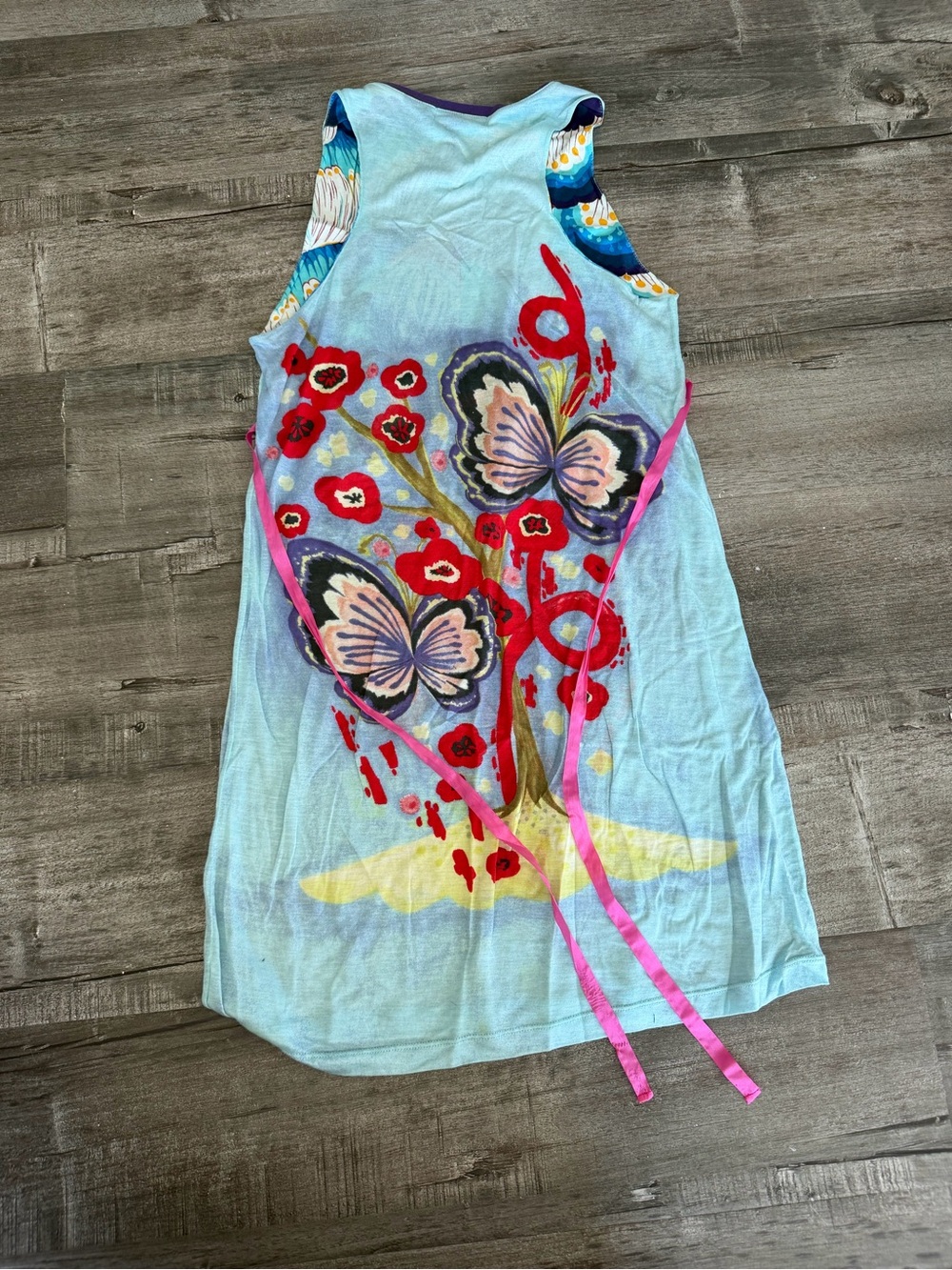 Custo Barcelona Light Blue Butterfly & Floral V-Neck Dress with Pink Tie - Picture 2 of 3